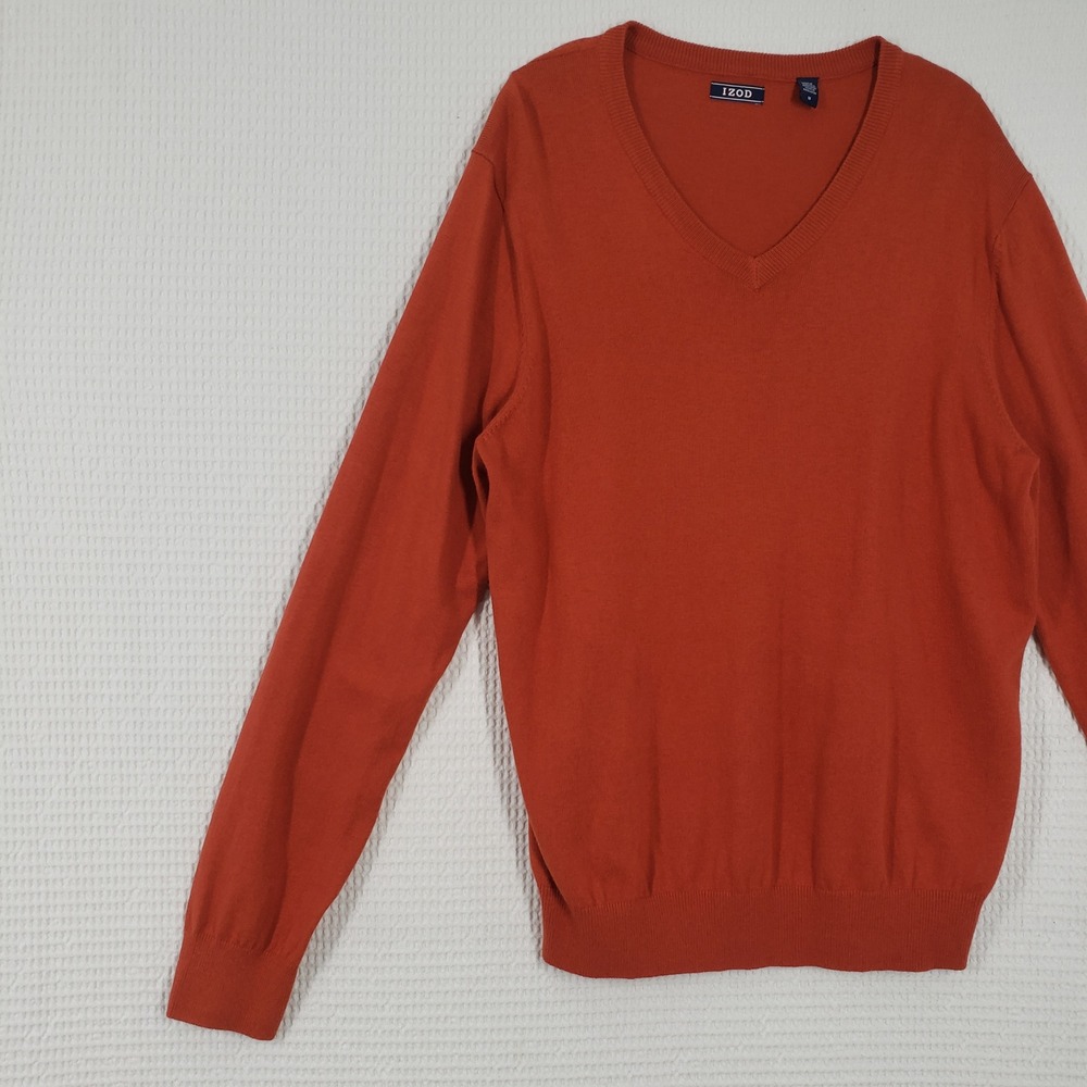 IZOD V-Neck Sweater Mens Medium Orange Cotton Wool Blend Knit Classic Preppy - Picture 12 of 13